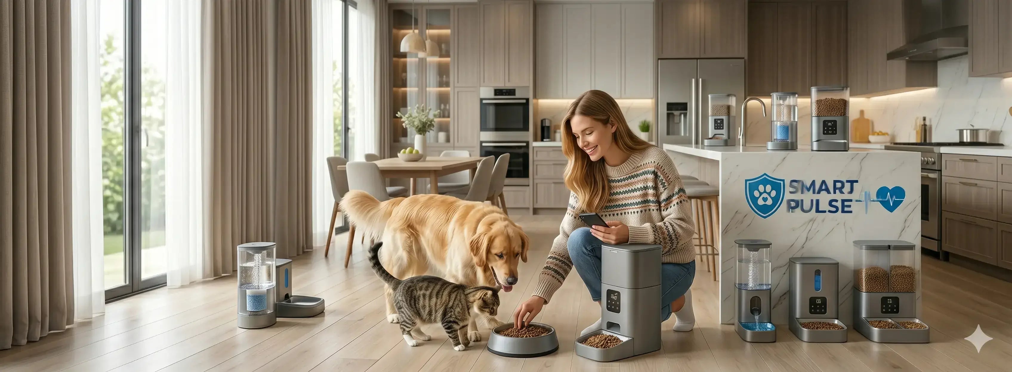 Wi-Fi enabled automatic smart pet feeder and water fountain for dogs and cats from SmartPetPulse.