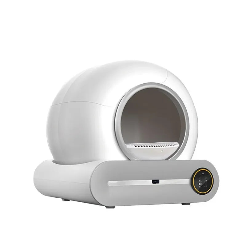 Smart automatic cat litter box in modern white living room