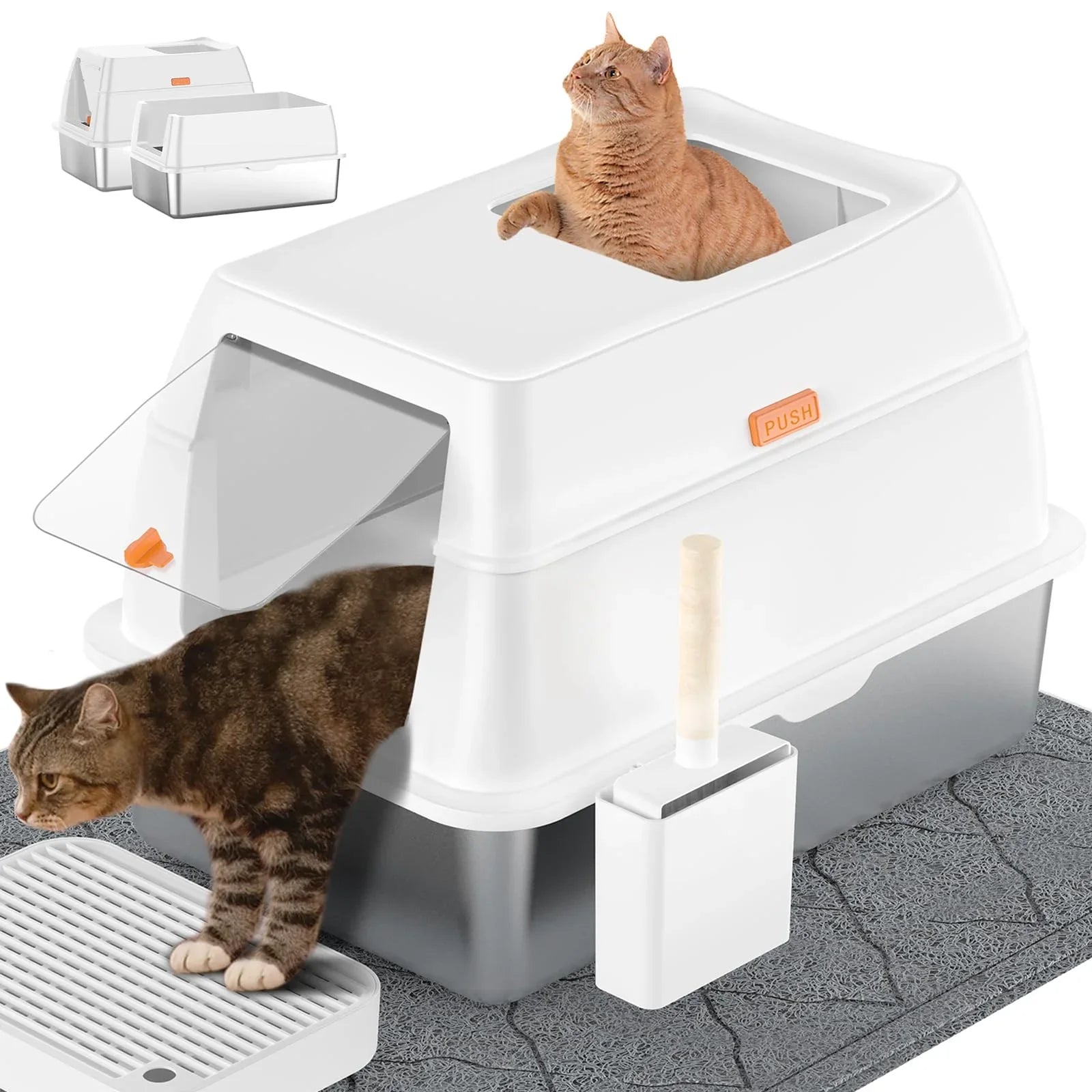 Extra large stainless steel cat litter box with white enclosed lid