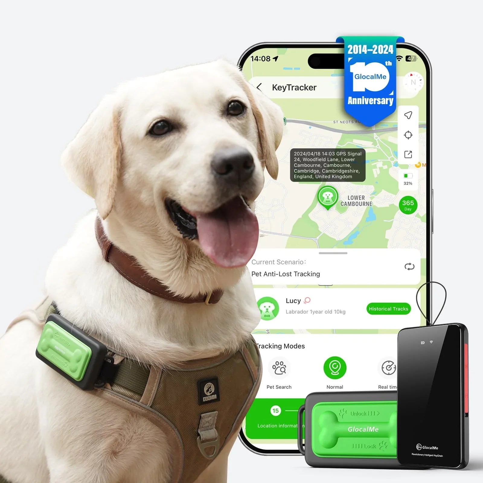 GlocalMe global unlimited range GPS dog tracker attached to collar