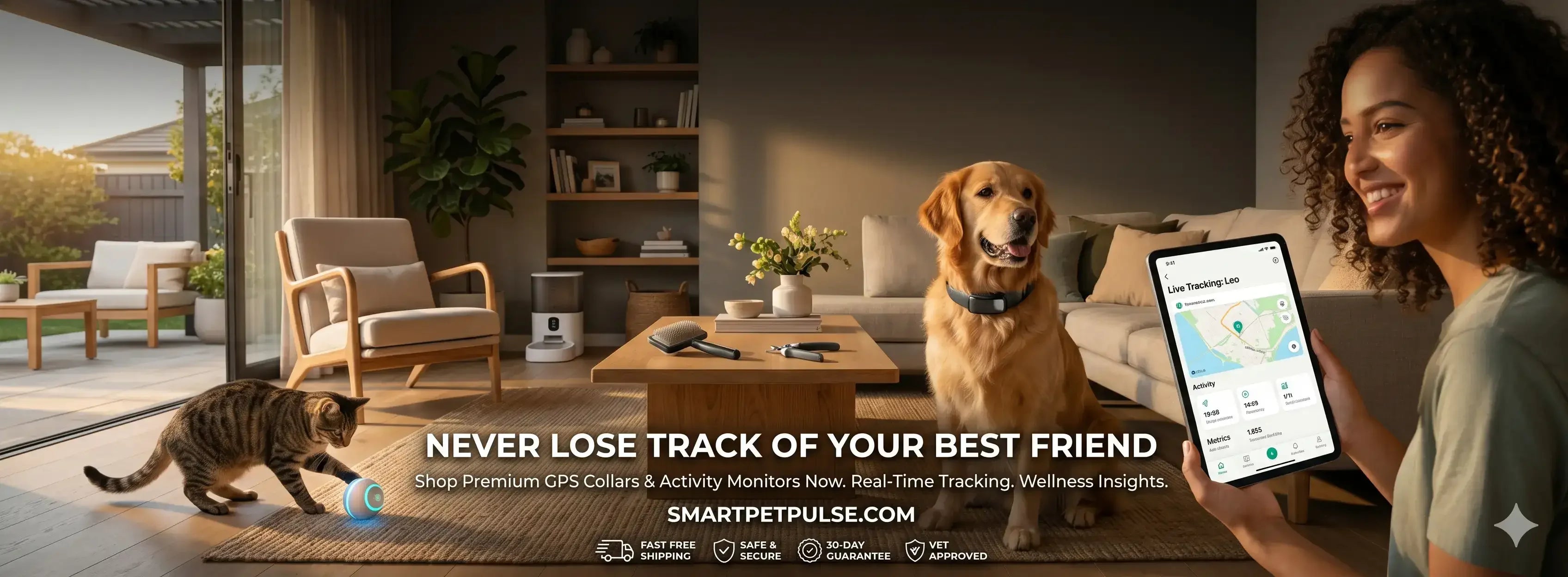 A happy dog running outdoors wearing a waterproof GPS tracking collar by SmartPetPulse.